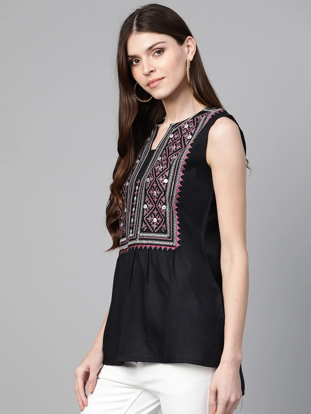 Bhama Couture Women Black &amp; Pink Embroidered Tunic-L-1