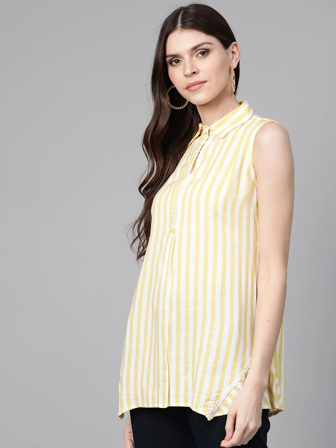 Bhama Couture Women Yellow &amp; Off-White Striped Shirt Tunic-S-1