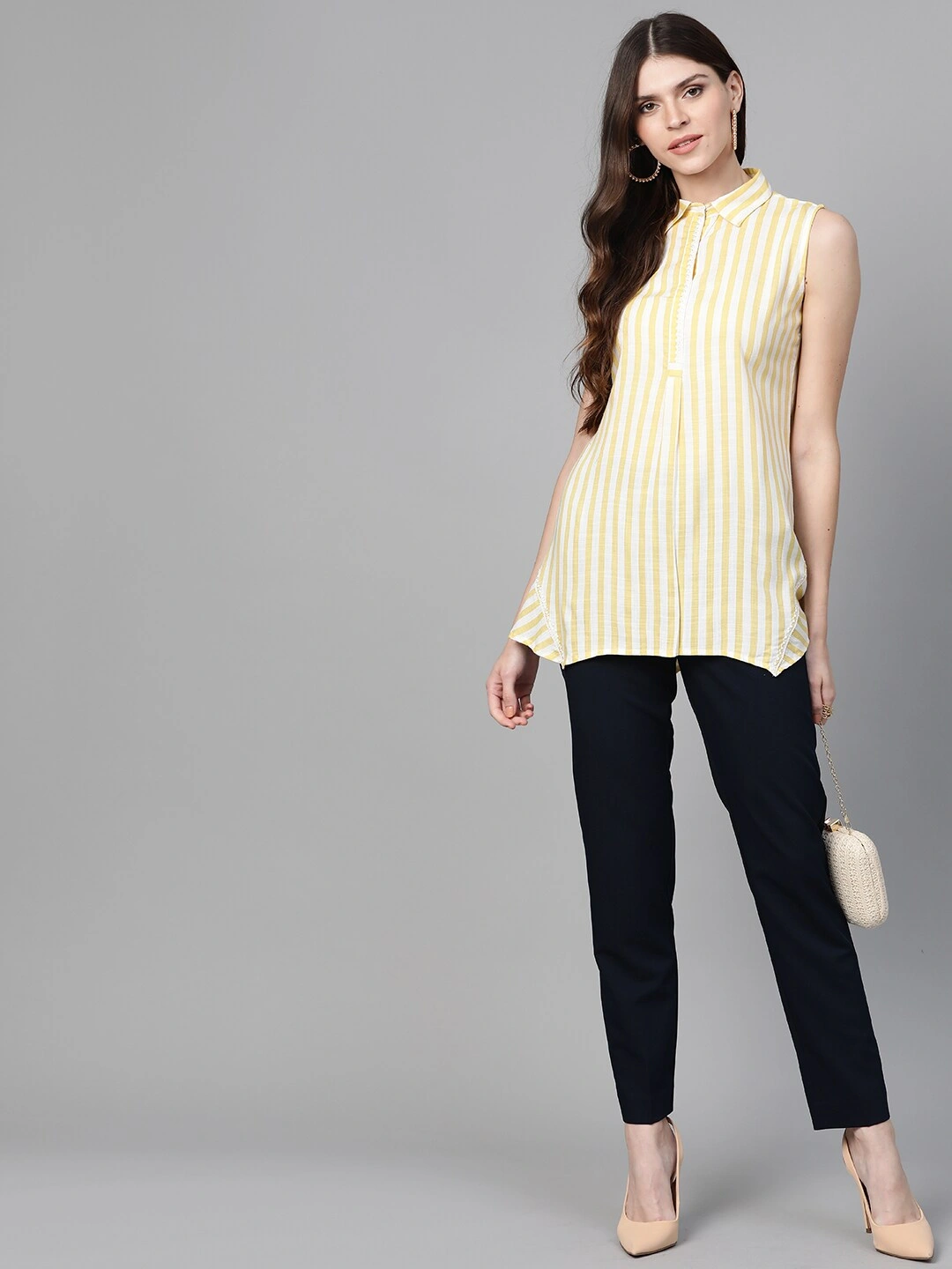 Bhama Couture Women Yellow &amp; Off-White Striped Shirt Tunic-S-4