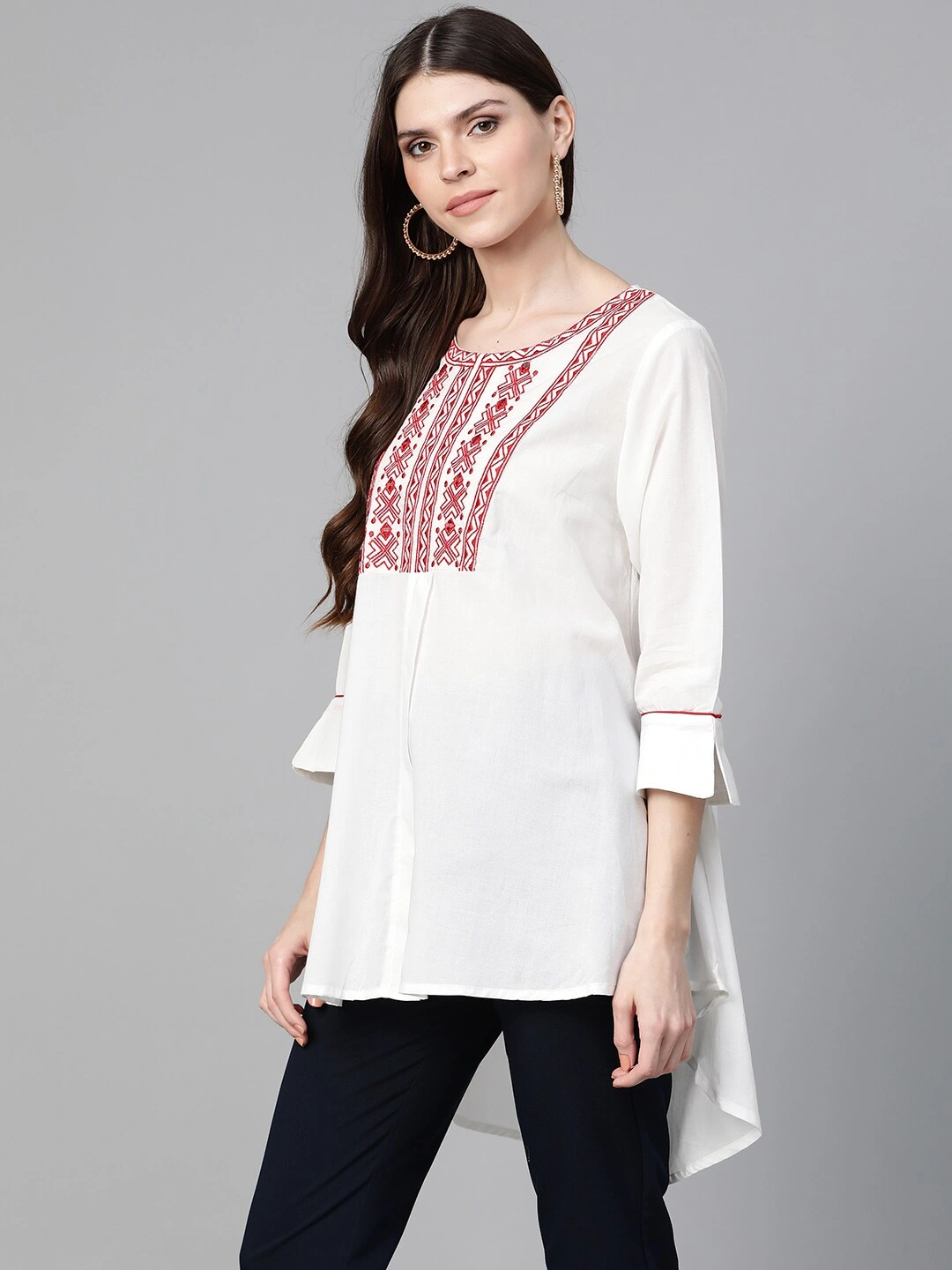 Bhama Couture Women White &amp; Red Embroidered High-Low Tunic-M-1