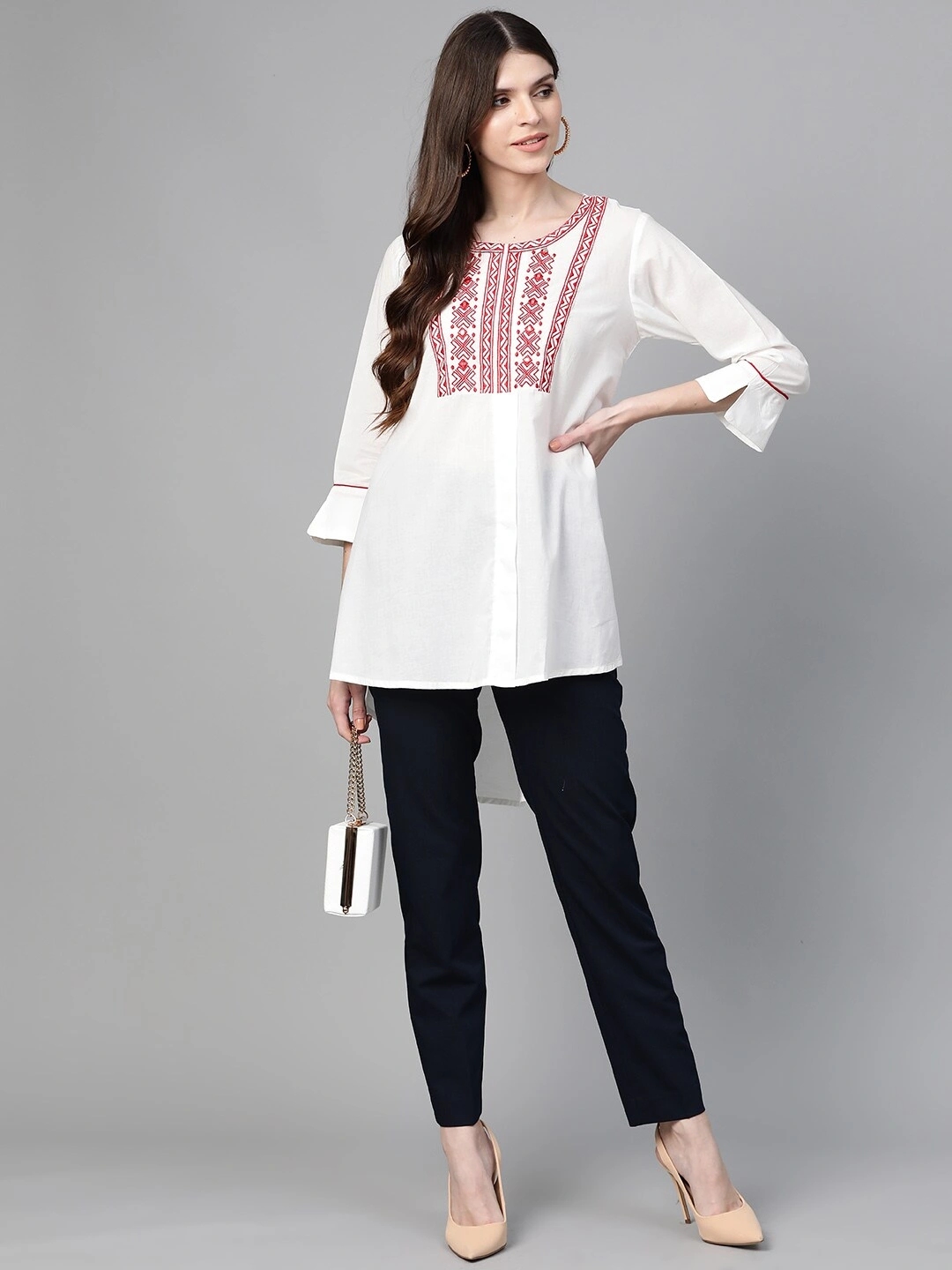 Bhama Couture Women White &amp; Red Embroidered High-Low Tunic-XL-4