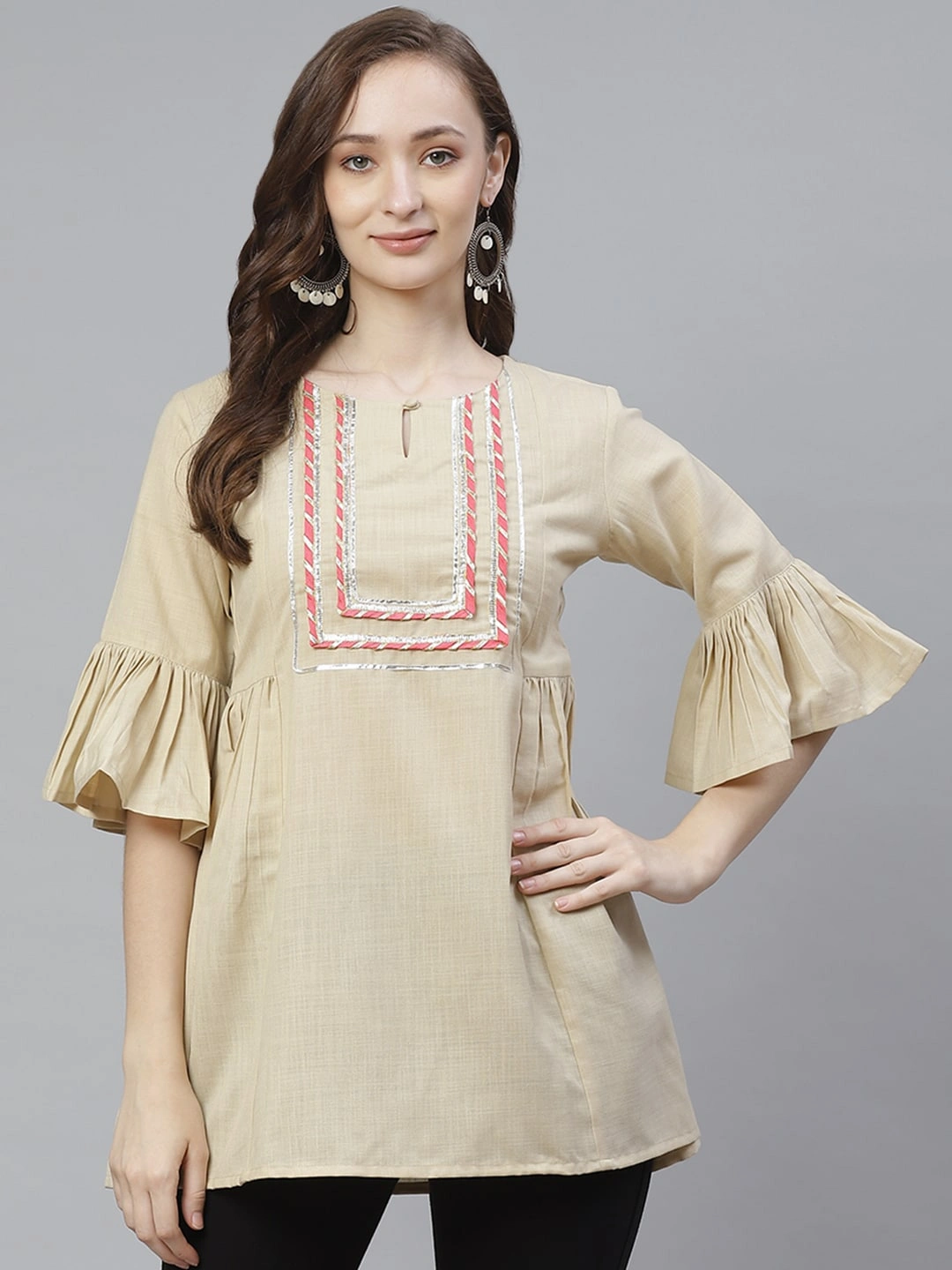 Bhama Couture Women Beige Yoke Design Tunic-TUN046_M