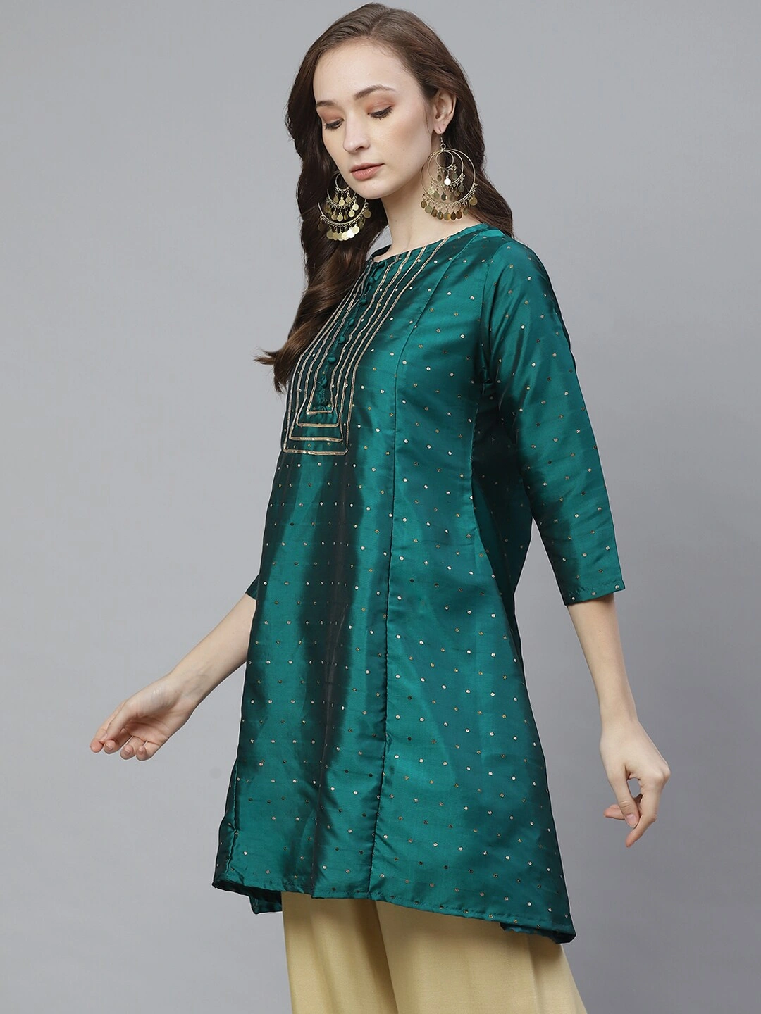 Bhama Couture Women Green &amp; Golden Silk Self Design Tunic-L-1