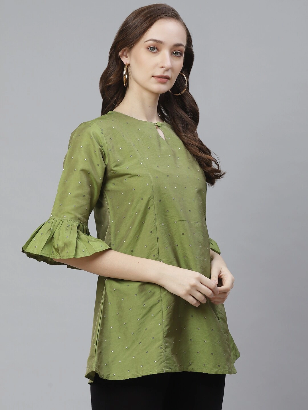 Bhama Couture Women Green &amp; Golden Self Design Tunic-L-1