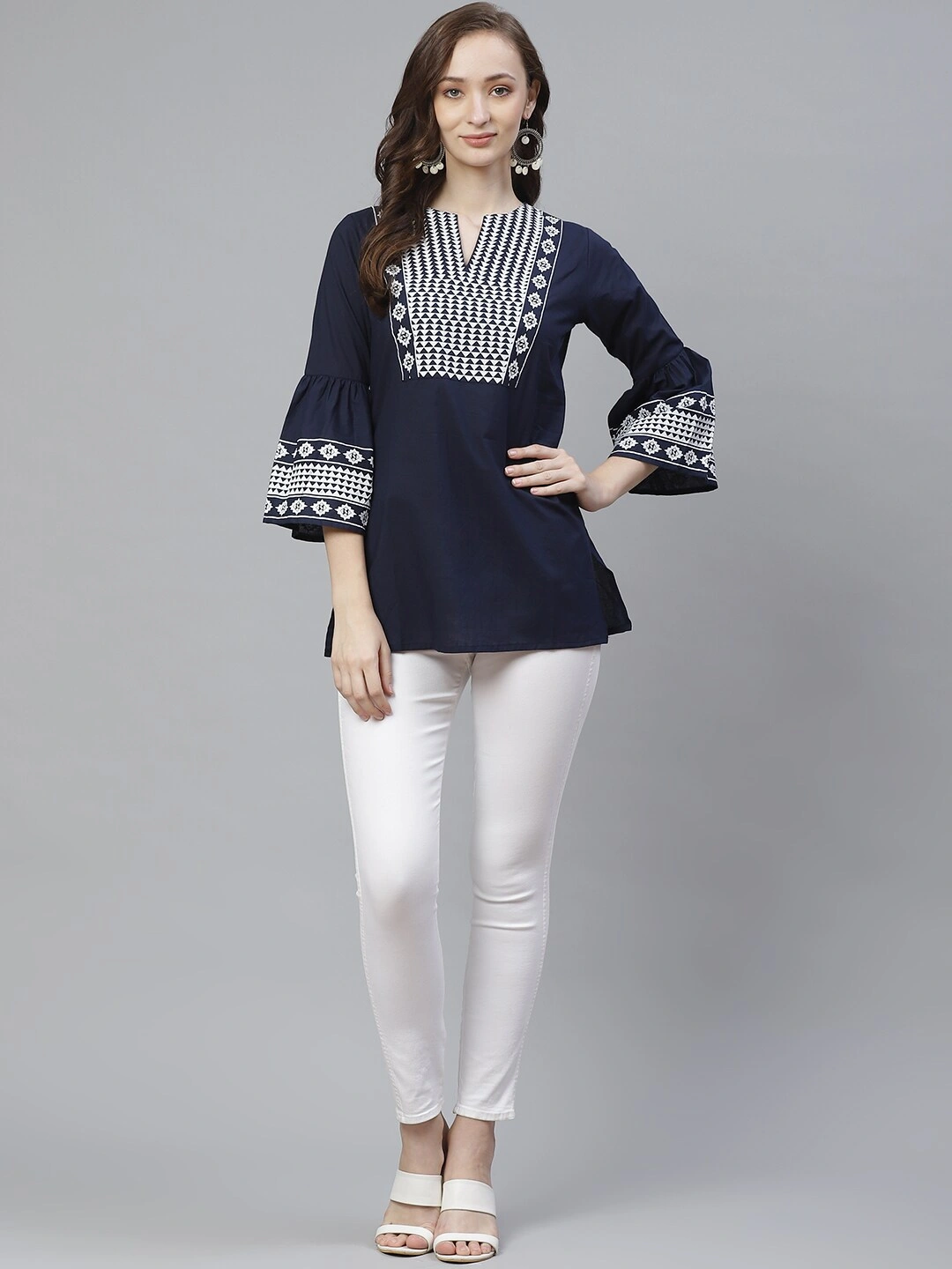 Bhama Couture Women Navy Blue &amp; White Printed Tunic-L-4