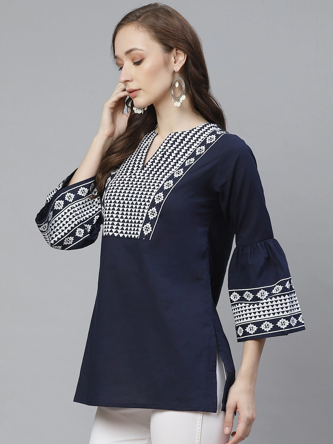 Bhama Couture Women Navy Blue &amp; White Printed Tunic-M-1