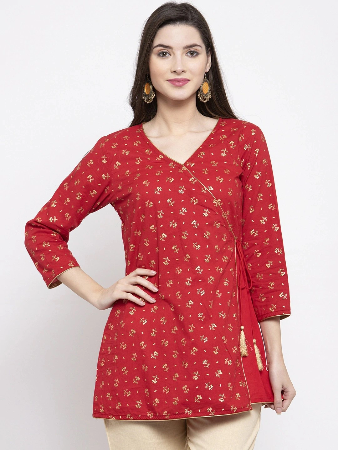 Bhama Couture Women Red &amp; Golden Foil Print Angrakha Tunic-TUN024_S