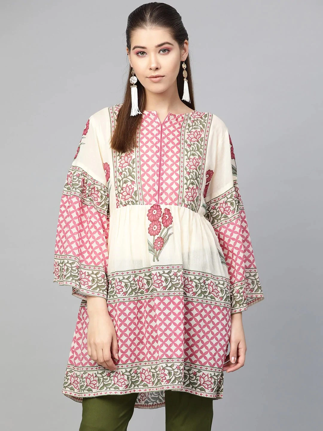 Bhama Couture Women Beige &amp; Pink Printed Tunic-TUN007_S