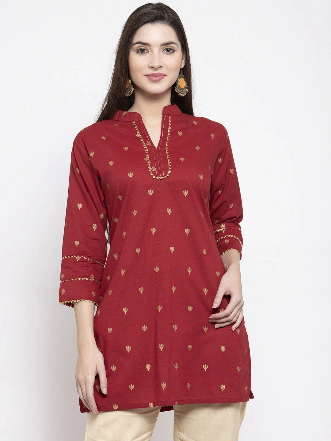 Bhama Couture Women Maroon &amp; Golden Foil Print Tunic-TUN029_S