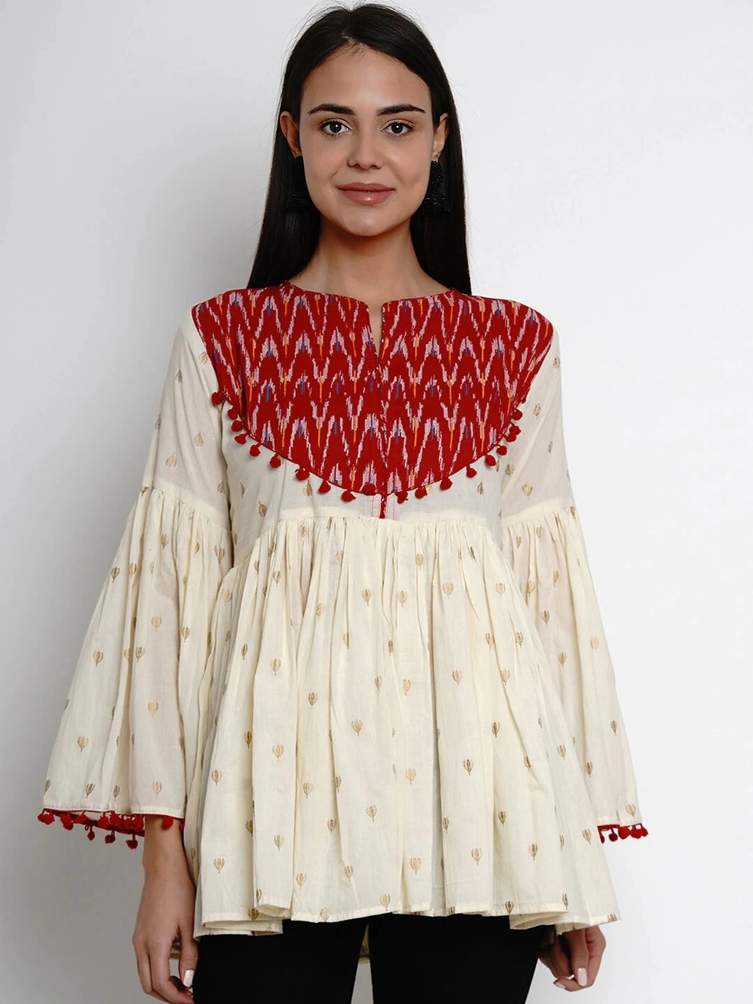 Bhama Couture Women Cream-Coloured &amp; Red Printed Peplum Top-TUN032_S