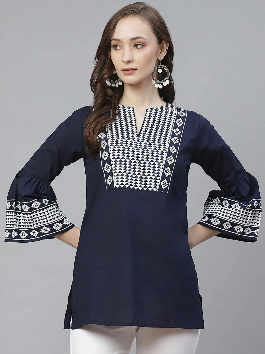 Bhama Couture Women Navy Blue &amp; White Printed Tunic-TUN052_S