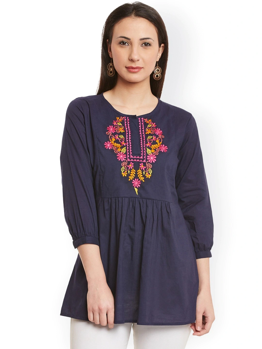 Bhama Couture Navy Tunic with Embroidered Detail-EMB018_S