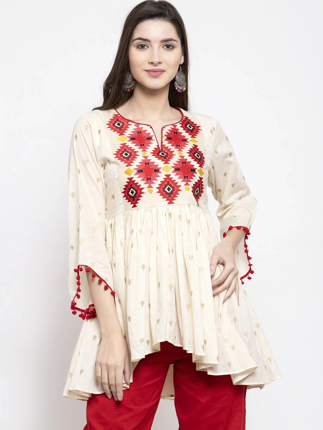 Bhama Couture Women Off-White &amp; Red Printed Tunic-TUN019_S