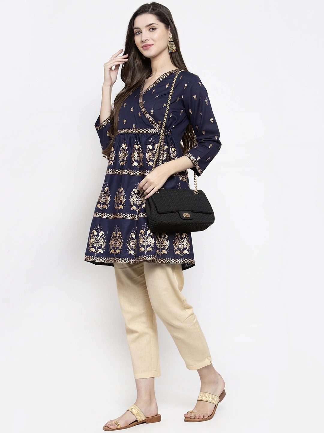 Bhama Couture Women Navy Blue &amp; Golden Foil Print Angrakha Tunic-S-4