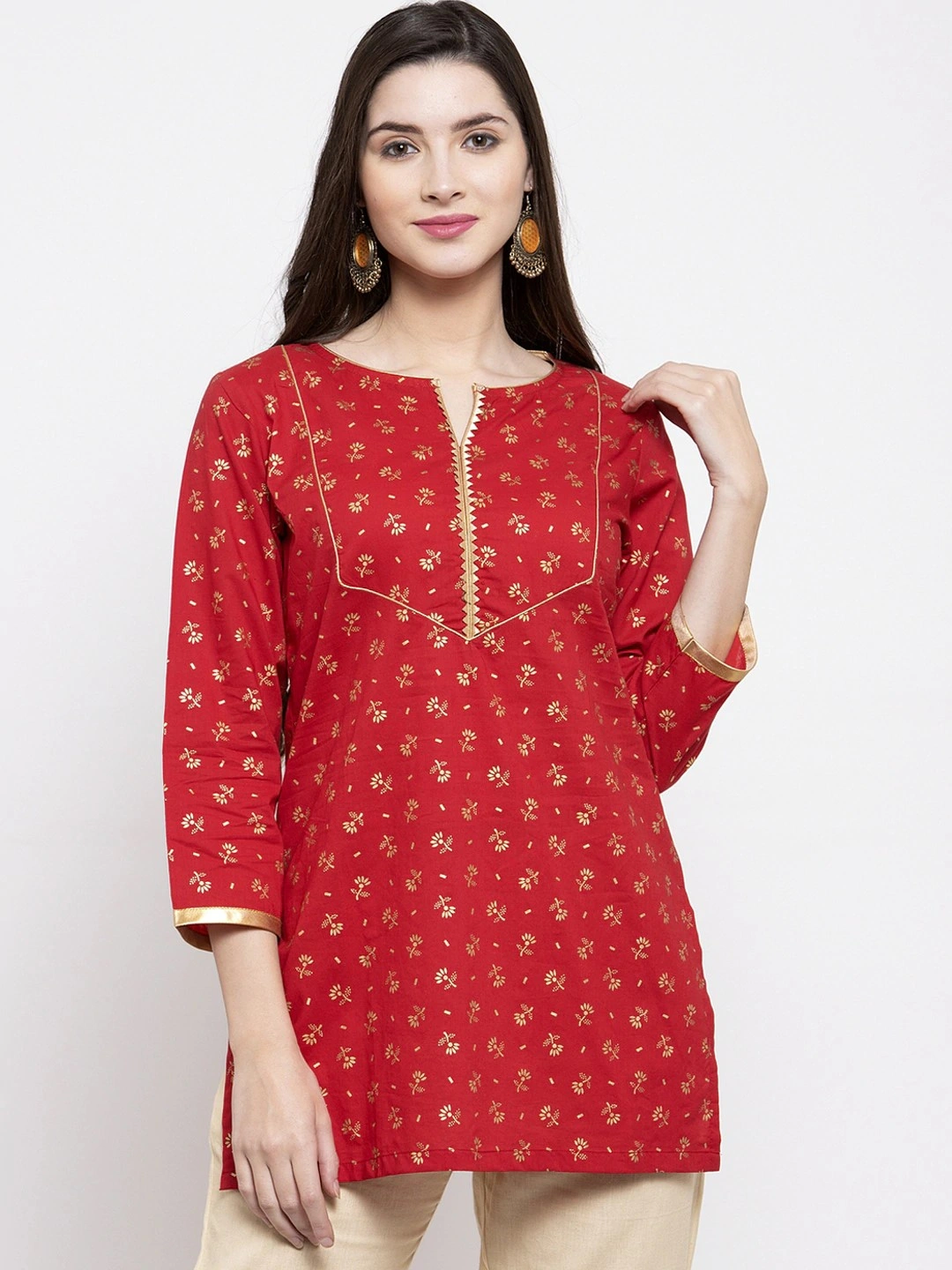 Bhama Couture Women Red &amp; Golden Foil Print Tunic-TUN023_S