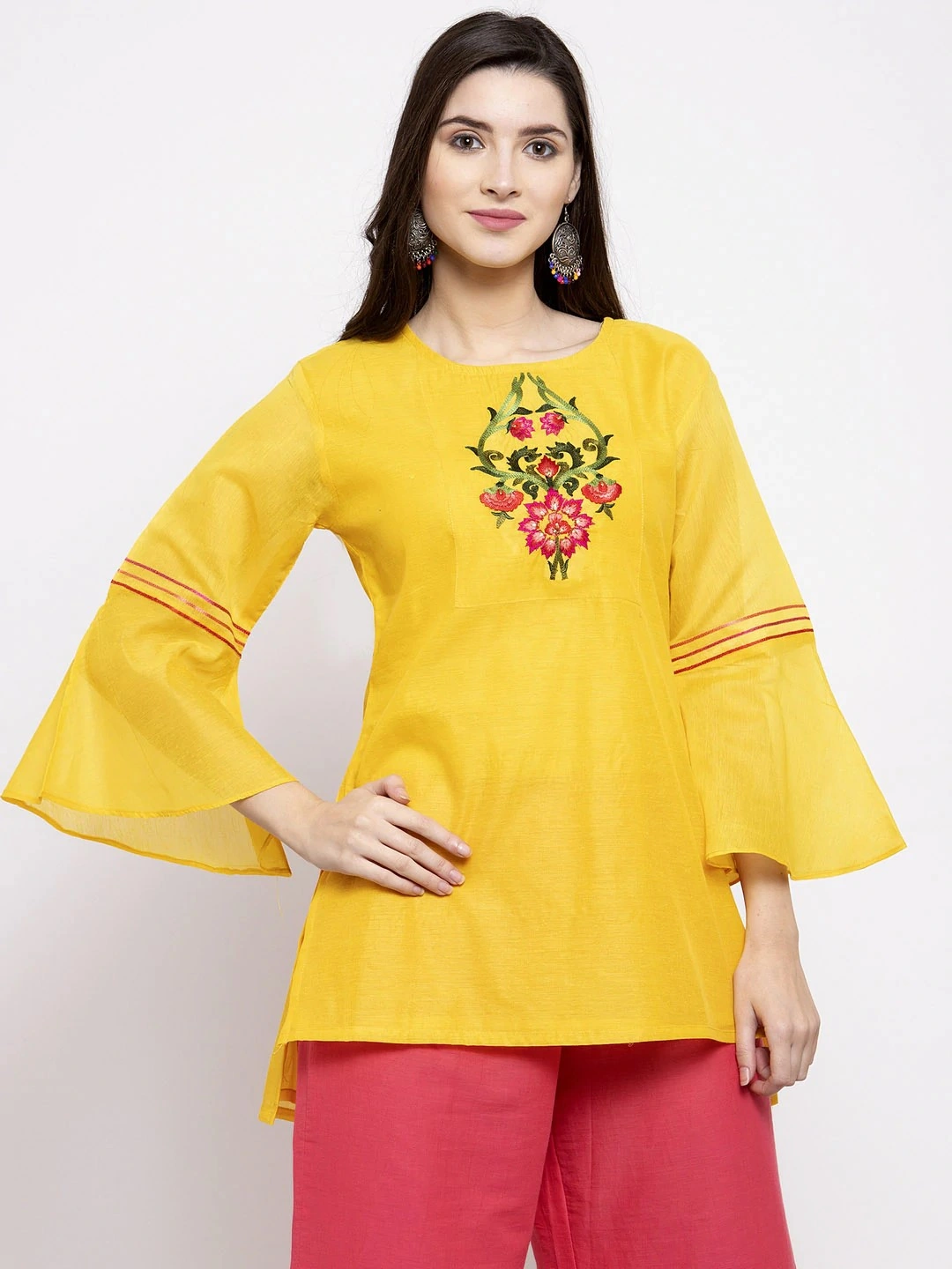 Bhama Couture Women Yellow Embroidered Detail Tunic-TUN028_S