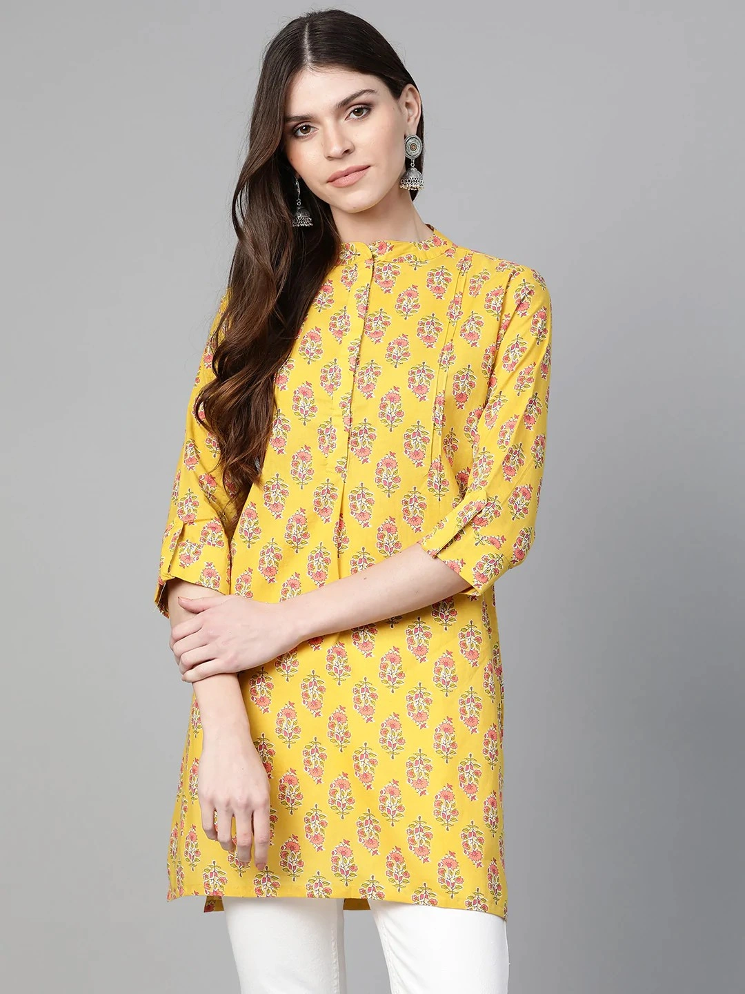 Bhama Couture Women Mustard Yellow &amp; Pink Floral Print Tunic-TUN040_S