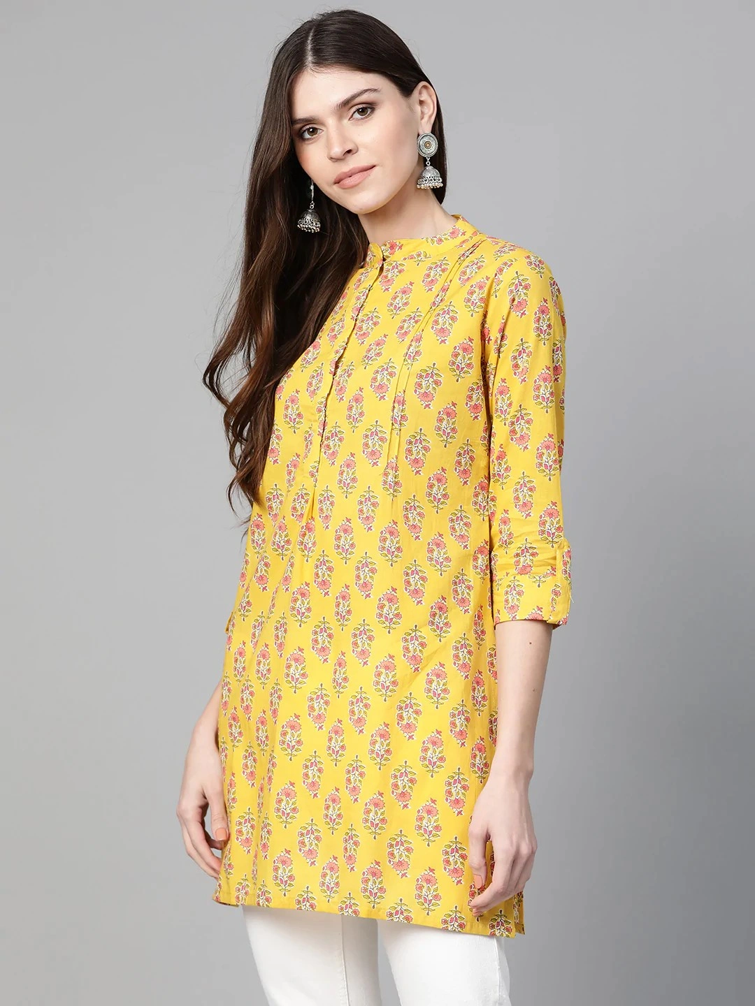 Bhama Couture Women Mustard Yellow &amp; Pink Floral Print Tunic-S-1