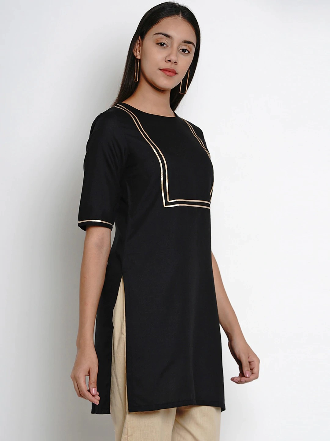 Bhama Couture Women Black Straight Kurti with Gota Detailing-S-2