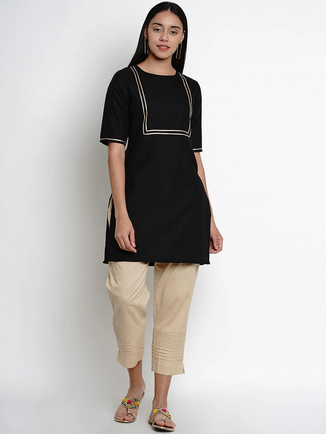 Bhama Couture Women Black Straight Kurti with Gota Detailing-S-5