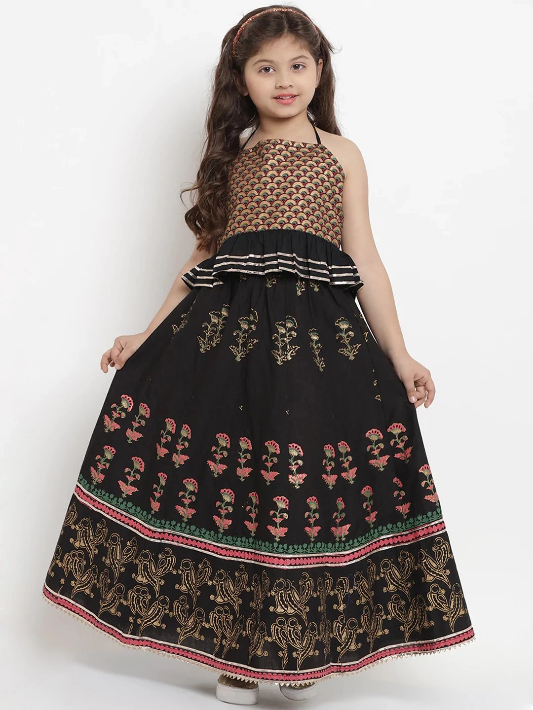 Bitiya by Bhama Black &amp; Gold-Coloured Block Printed Ready to Wear Lehenga with Blouse-BBB003_3-4Y