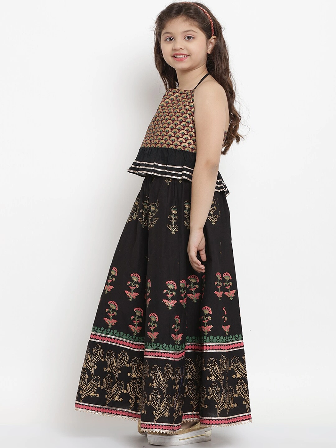 Bitiya by Bhama Black &amp; Gold-Coloured Block Printed Ready to Wear Lehenga with Blouse-3-4Y-1