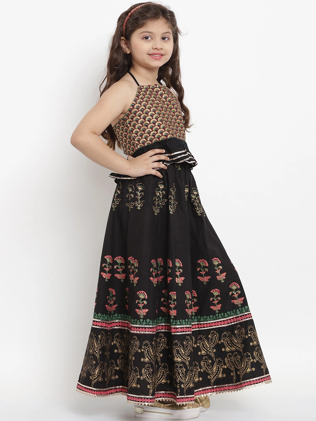 Bitiya by Bhama Black &amp; Gold-Coloured Block Printed Ready to Wear Lehenga with Blouse-3-4Y-2