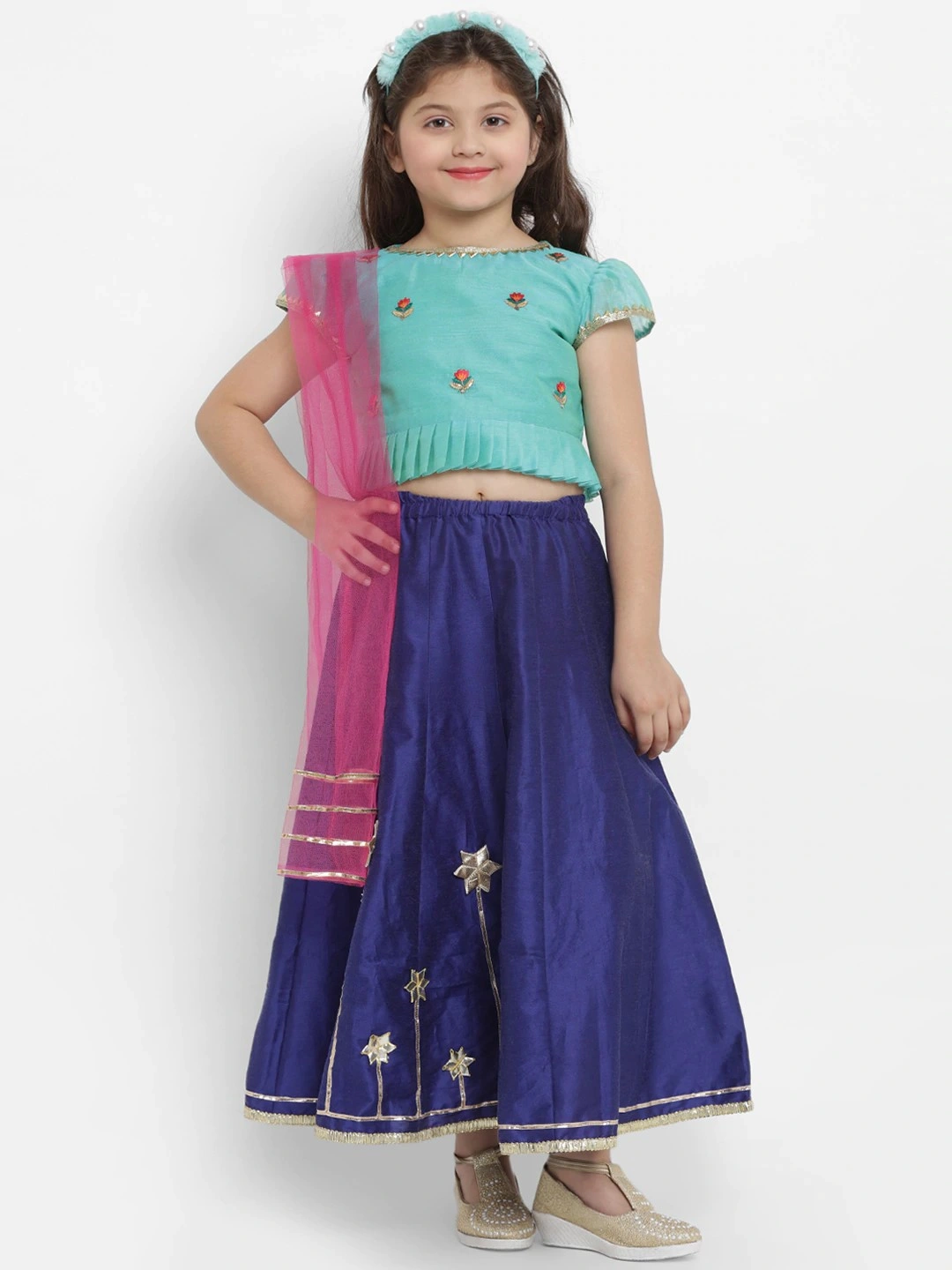 Bitiya by Bhama Girls Green &amp; Blue Embroidered Ready to Wear Lehenga &amp; Blouse with Dupatta-BBB004_3-4Y