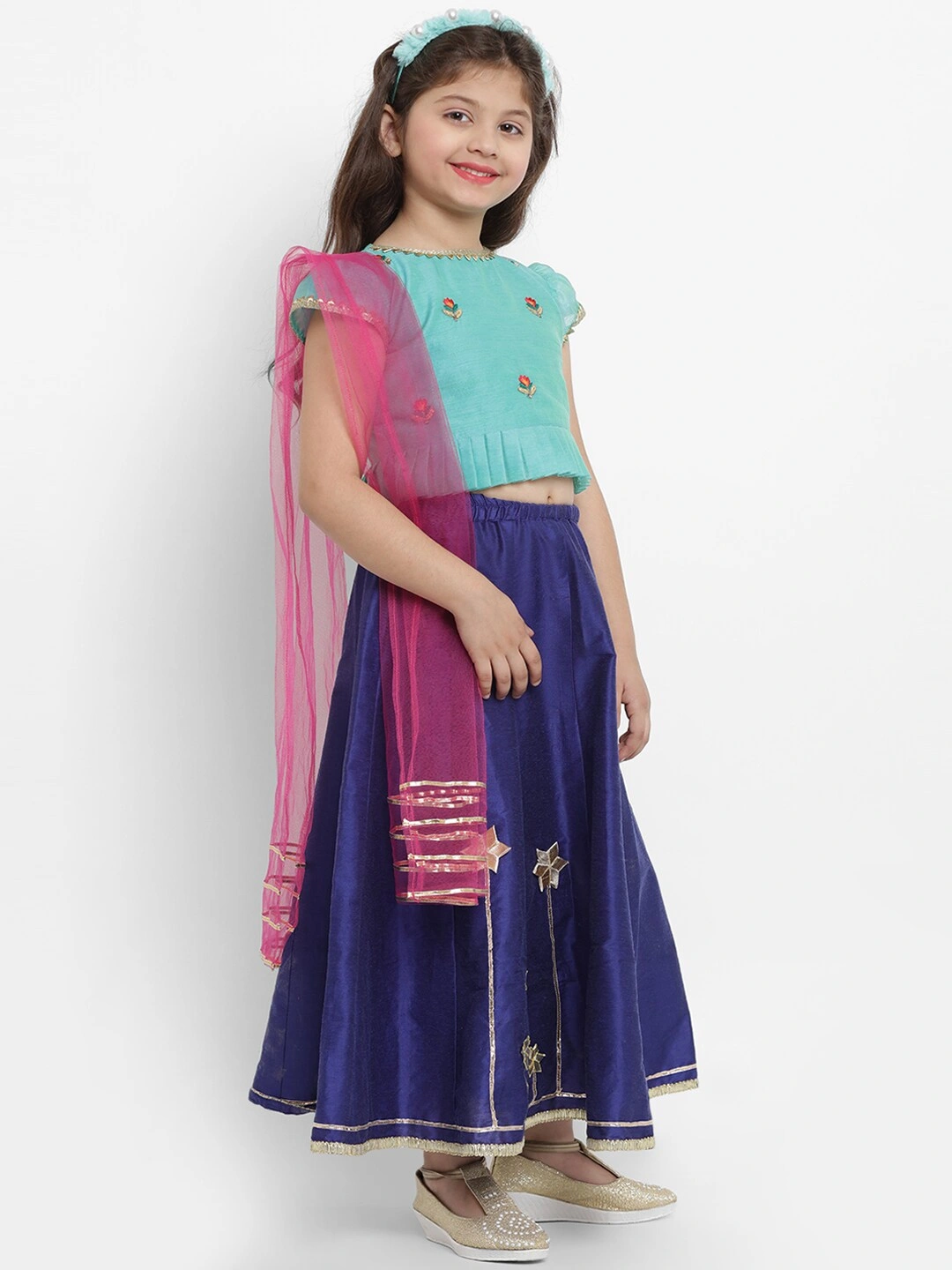 Bitiya by Bhama Girls Green &amp; Blue Embroidered Ready to Wear Lehenga &amp; Blouse with Dupatta-3-4Y-1