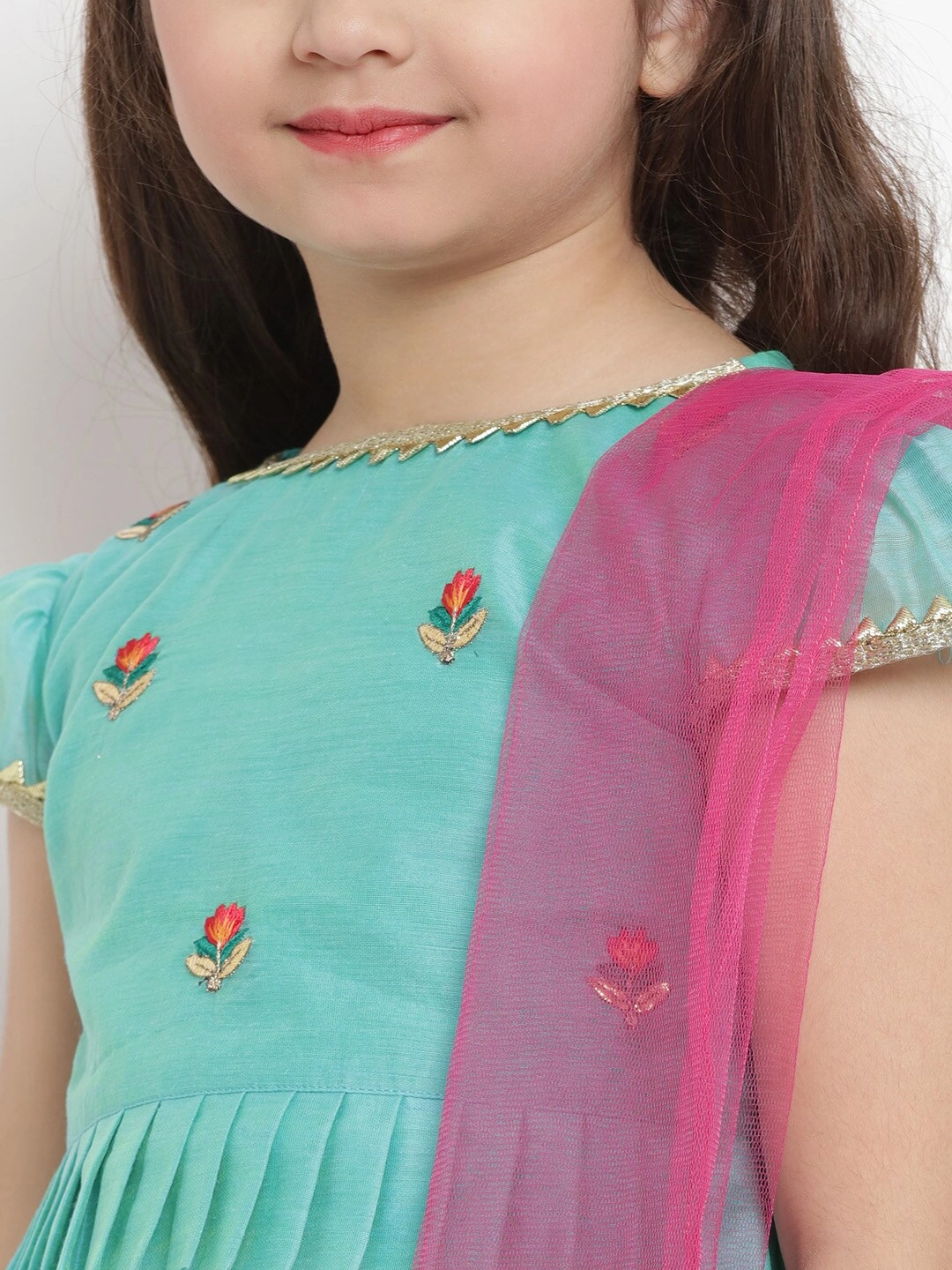 Bitiya by Bhama Girls Green &amp; Blue Embroidered Ready to Wear Lehenga &amp; Blouse with Dupatta-3-4Y-3