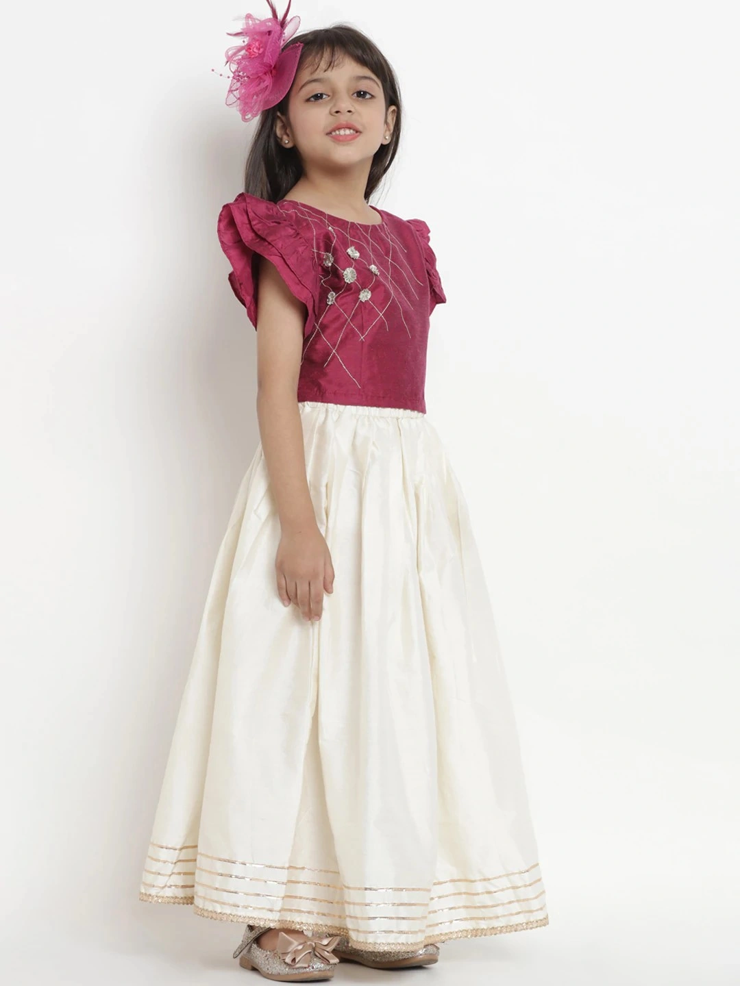 Bitiya by Bhama Maroon &amp; Off-White Ready to Wear Lehenga with Blouse-3-4Y-1