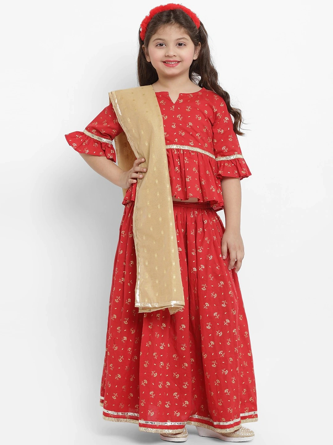 Bitiya by Bhama Girls Red &amp; Gold-Coloured Ready to Wear Lehenga &amp; Blouse with Dupatta-BBB009_3-4Y