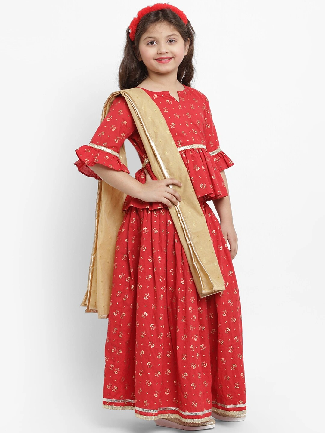 Bitiya by Bhama Girls Red &amp; Gold-Coloured Ready to Wear Lehenga &amp; Blouse with Dupatta-3-4Y-1