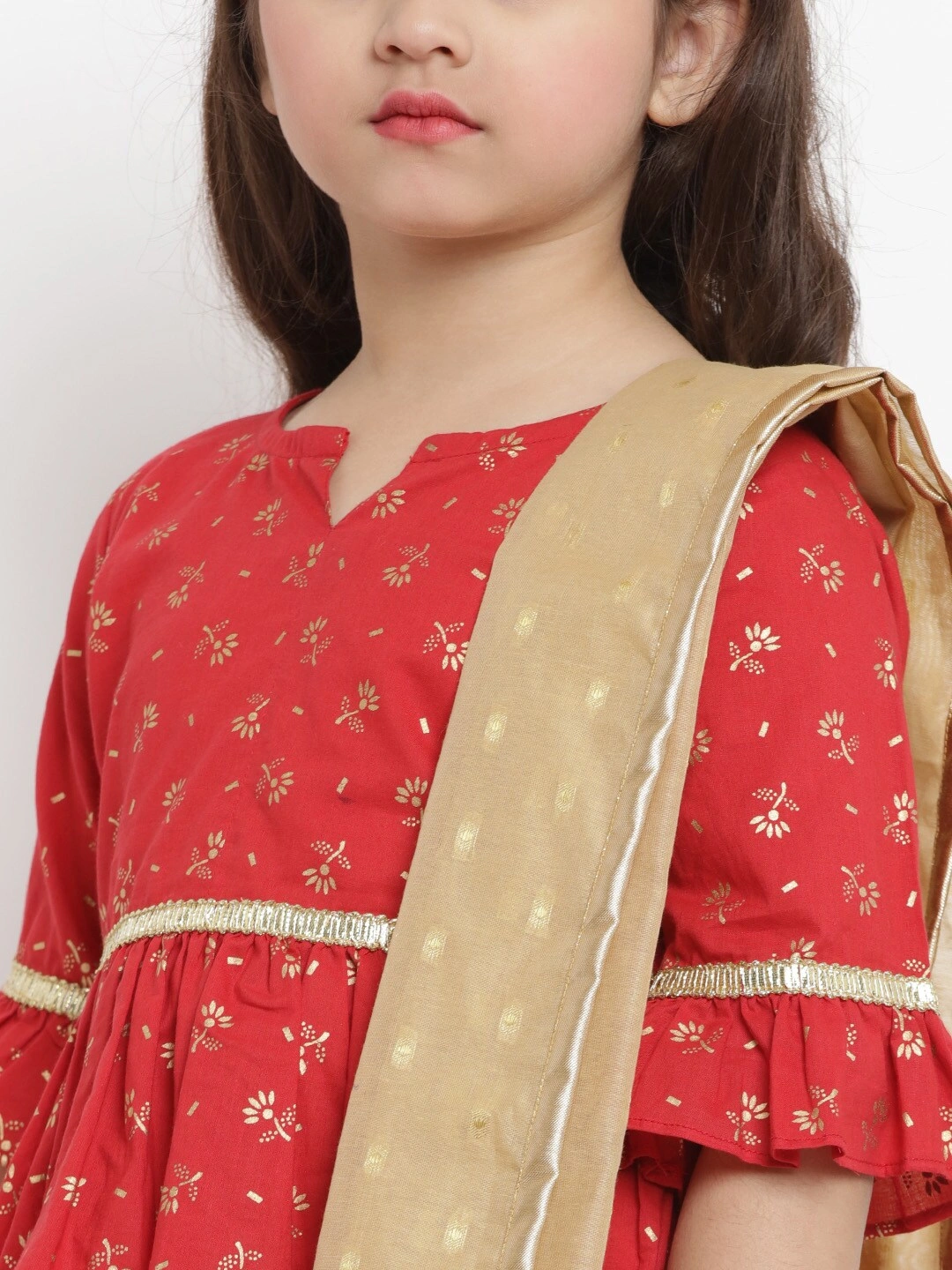 Bitiya by Bhama Girls Red &amp; Gold-Coloured Ready to Wear Lehenga &amp; Blouse with Dupatta-3-4Y-3