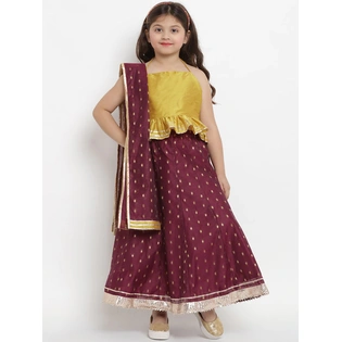 Bitiya by Bhama Girls Mustard Yellow & Burgundy Printed Ready to Wear Lehenga Choli