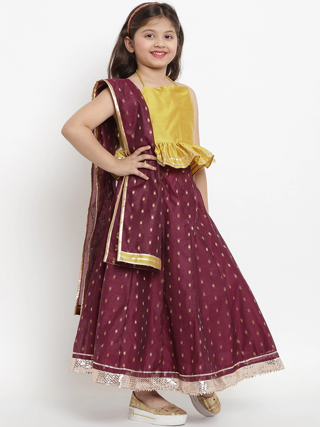 Bitiya by Bhama Girls Mustard Yellow &amp; Burgundy Printed Ready to Wear Lehenga Choli-7-8Y-1