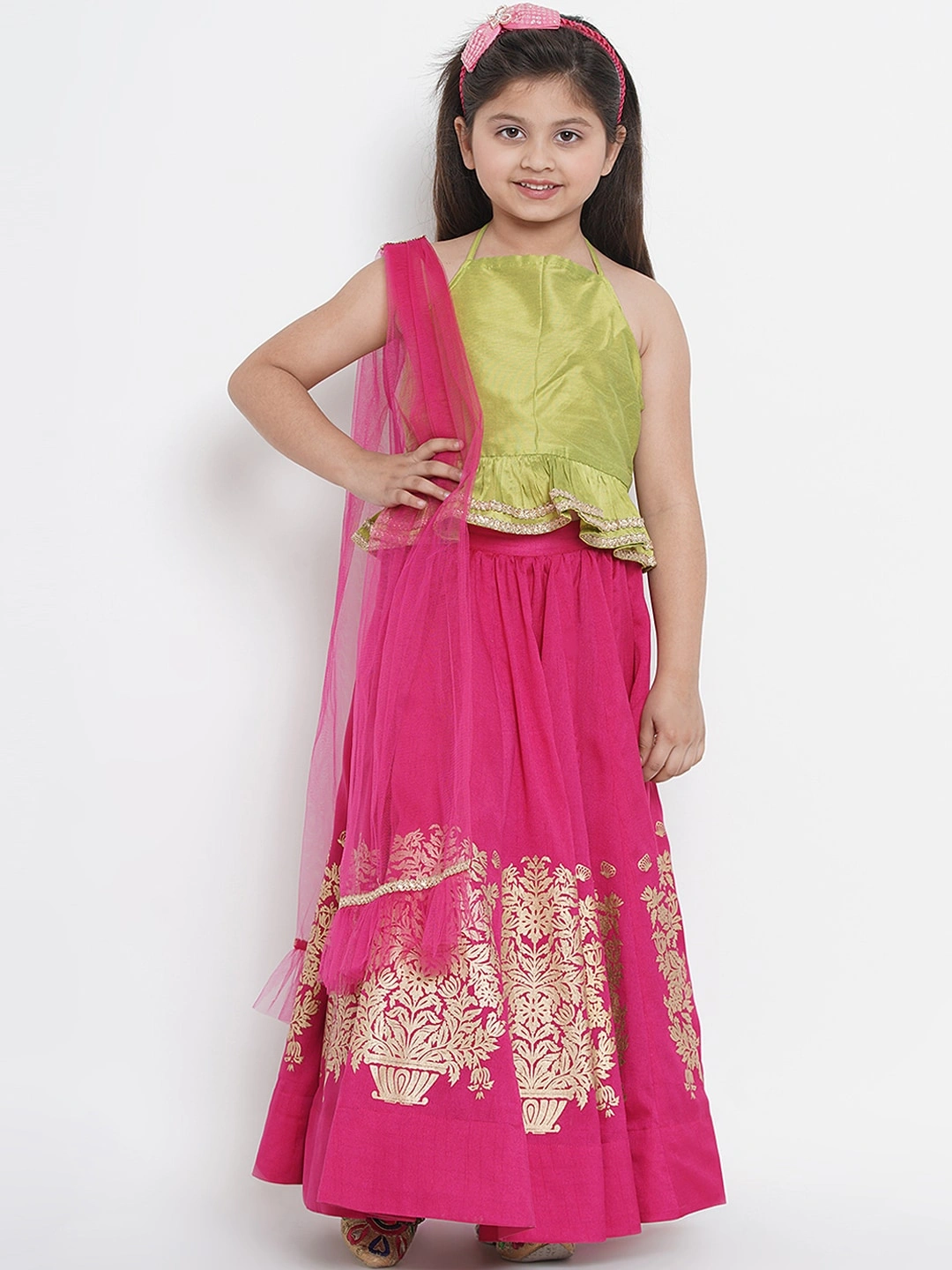 Bitiya by Bhama Girls Fuchsia &amp; Green Solid Ready to Wear Lehenga &amp; Blouse with Dupatta-BBB036_3-4Y