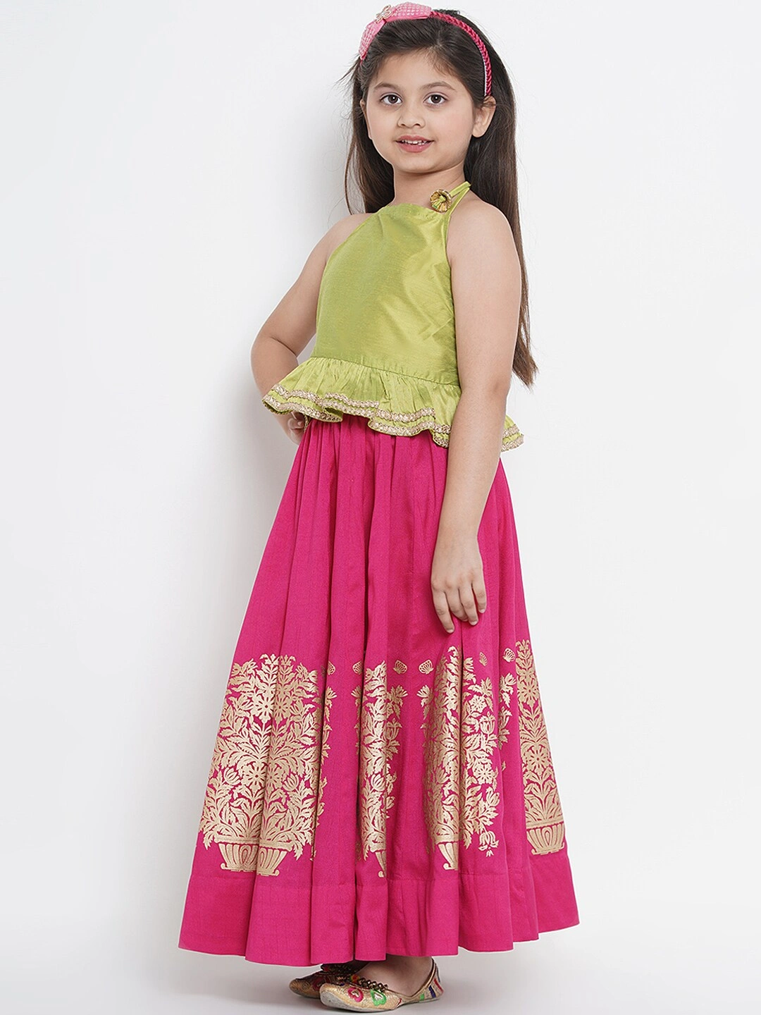 Bitiya by Bhama Girls Fuchsia &amp; Green Solid Ready to Wear Lehenga &amp; Blouse with Dupatta-3-4Y-1