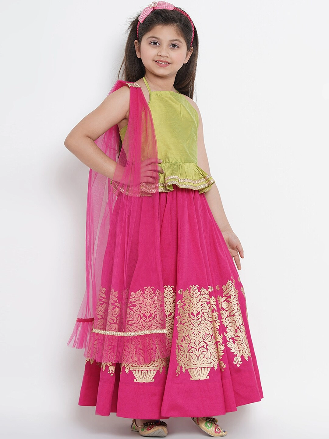 Bitiya by Bhama Girls Fuchsia &amp; Green Solid Ready to Wear Lehenga &amp; Blouse with Dupatta-3-4Y-2