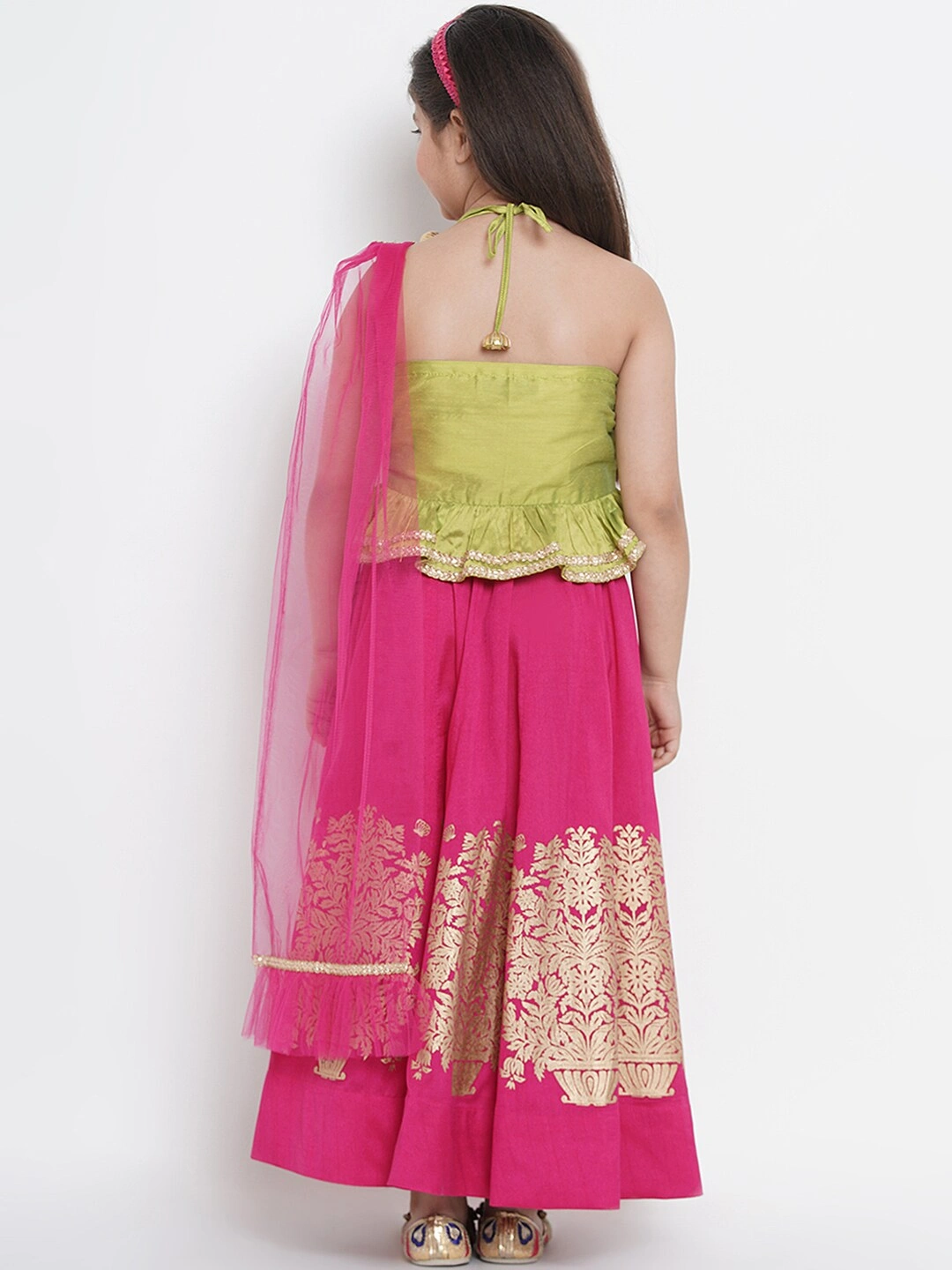 Bitiya by Bhama Girls Fuchsia &amp; Green Solid Ready to Wear Lehenga &amp; Blouse with Dupatta-3-4Y-3