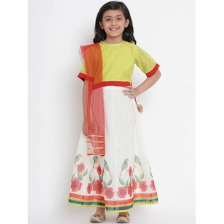 Bitiya by Bhama Girls Off-White & Lime Green Woven Design Ready to Wear Lehenga & Blouse with Dupatta