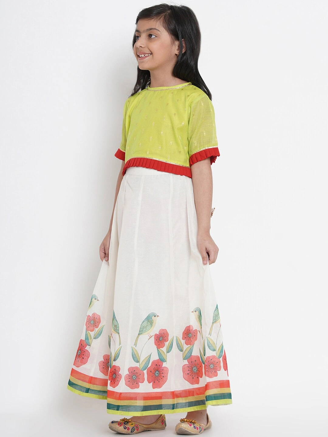 Bitiya by Bhama Girls Off-White &amp; Lime Green Woven Design Ready to Wear Lehenga &amp; Blouse with Dupatta-3-4Y-1