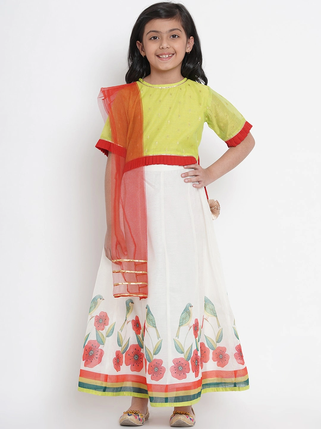 Bitiya by Bhama Girls Off-White &amp; Lime Green Woven Design Ready to Wear Lehenga &amp; Blouse with Dupatta-BBB037_4-5Y