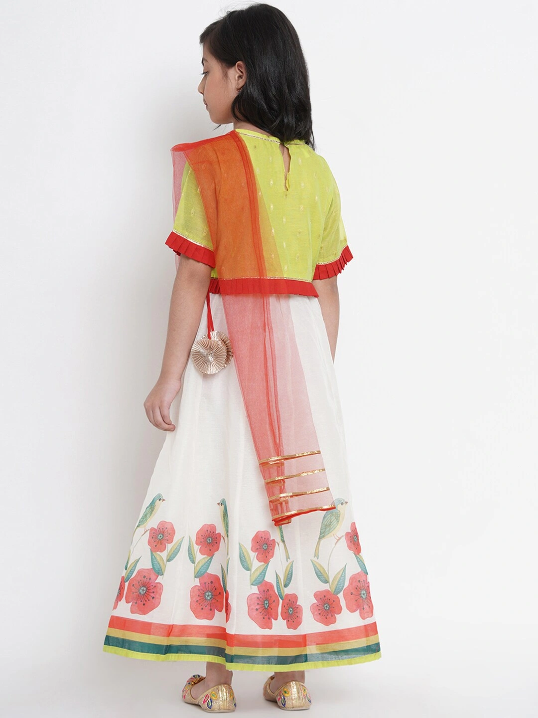 Bitiya by Bhama Girls Off-White &amp; Lime Green Woven Design Ready to Wear Lehenga &amp; Blouse with Dupatta-4-5Y-3