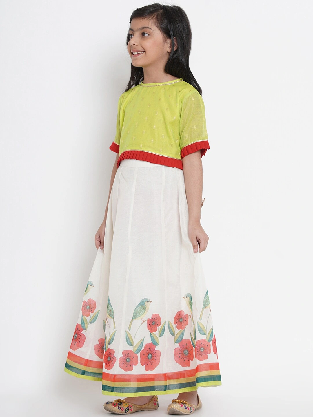 Bitiya by Bhama Girls Off-White &amp; Lime Green Woven Design Ready to Wear Lehenga &amp; Blouse with Dupatta-5-6Y-1