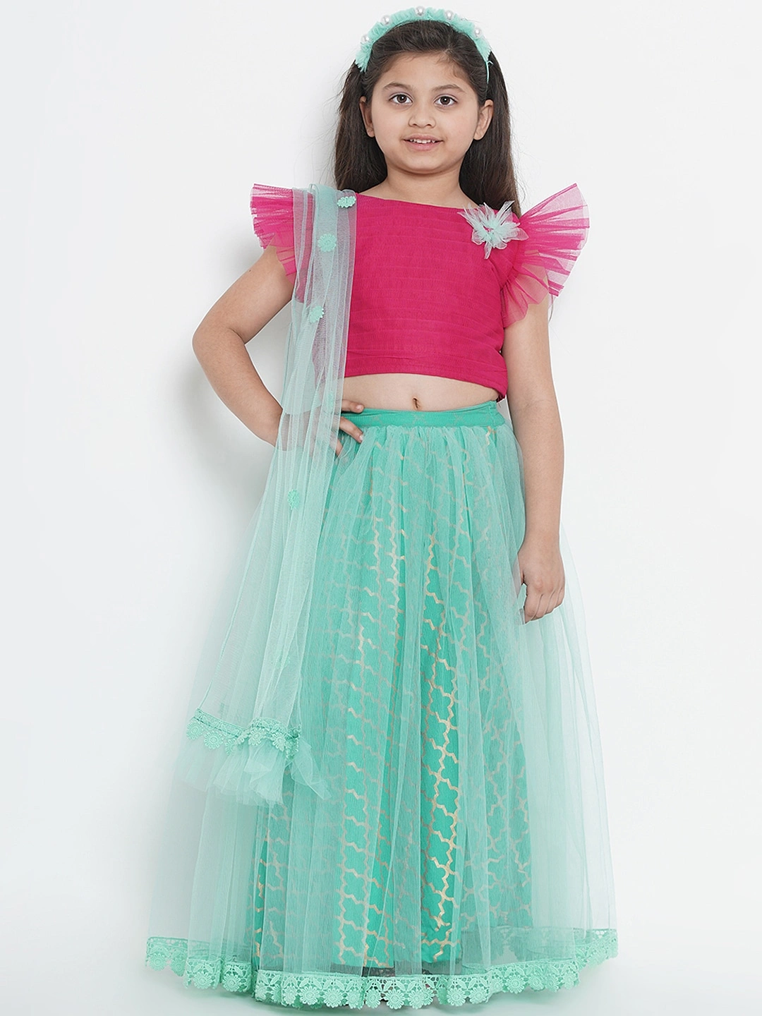 Bitiya by Bhama Girls Sea Green &amp; Pink Solid Ready to Wear Lehenga &amp; Blouse with Dupatta-BBB042_3-4Y