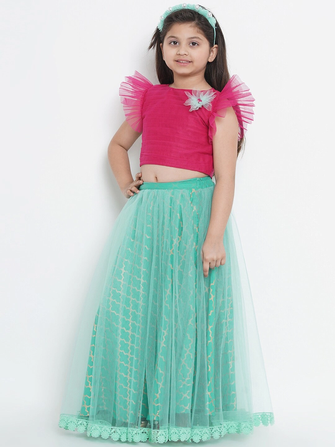 Bitiya by Bhama Girls Sea Green &amp; Pink Solid Ready to Wear Lehenga &amp; Blouse with Dupatta-3-4Y-1