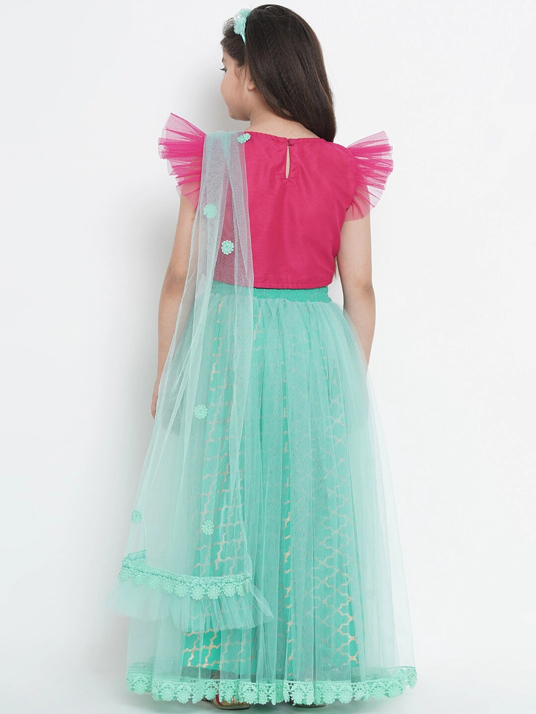 Bitiya by Bhama Girls Sea Green &amp; Pink Solid Ready to Wear Lehenga &amp; Blouse with Dupatta-6-7Y-2