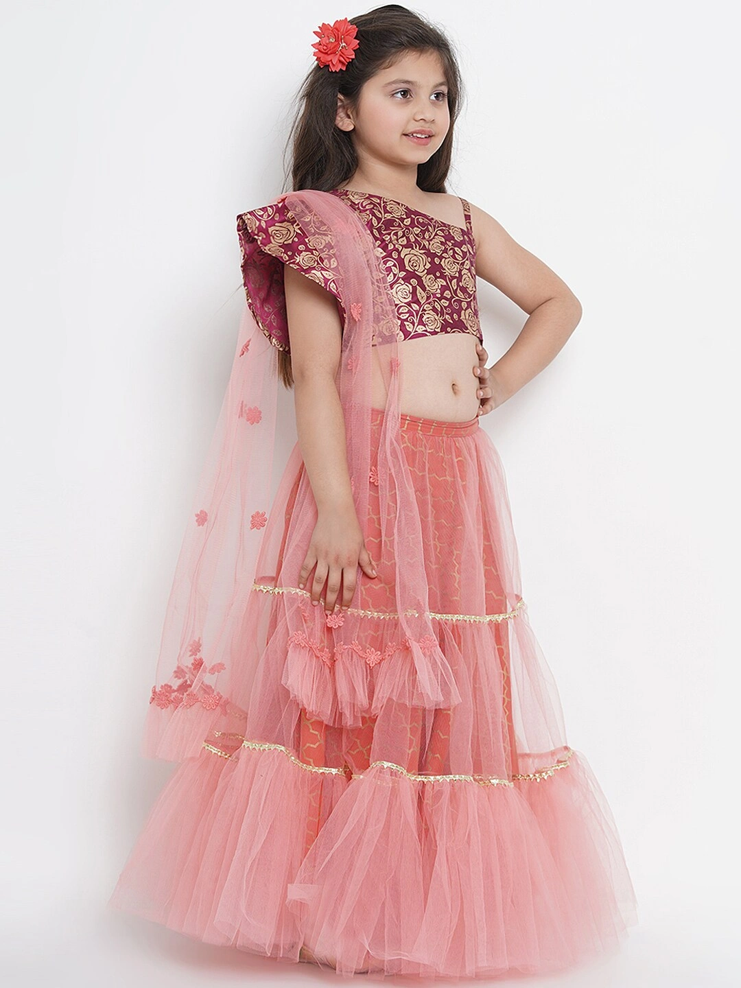 Bitiya by Bhama Girls Peach-Coloured &amp; Burgundy Printed Ready to Wear Lehenga &amp; Blouse with Dupatta-4-5Y-1