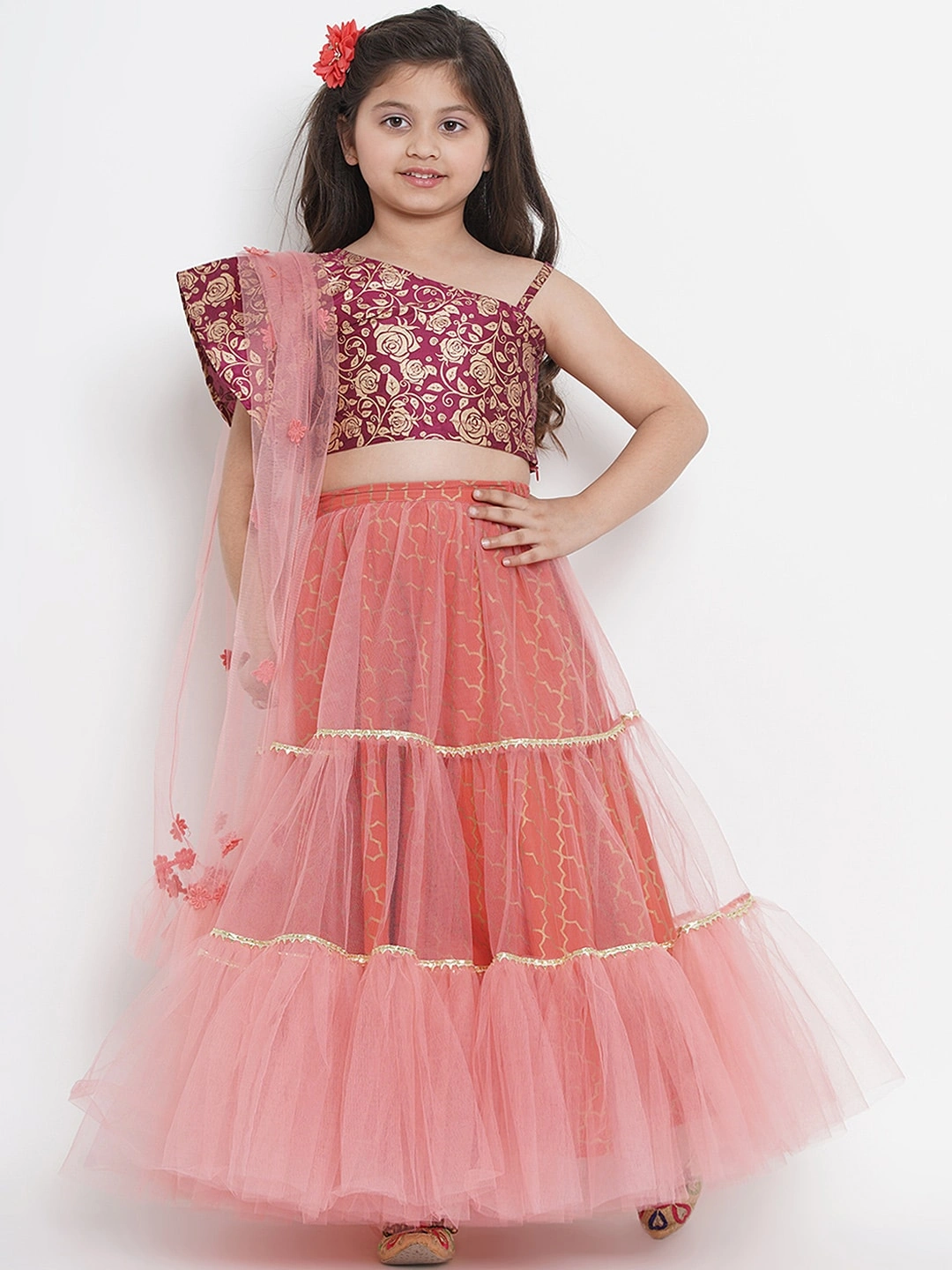 Bitiya by Bhama Girls Peach-Coloured &amp; Burgundy Printed Ready to Wear Lehenga &amp; Blouse with Dupatta-BBB043_5-6Y